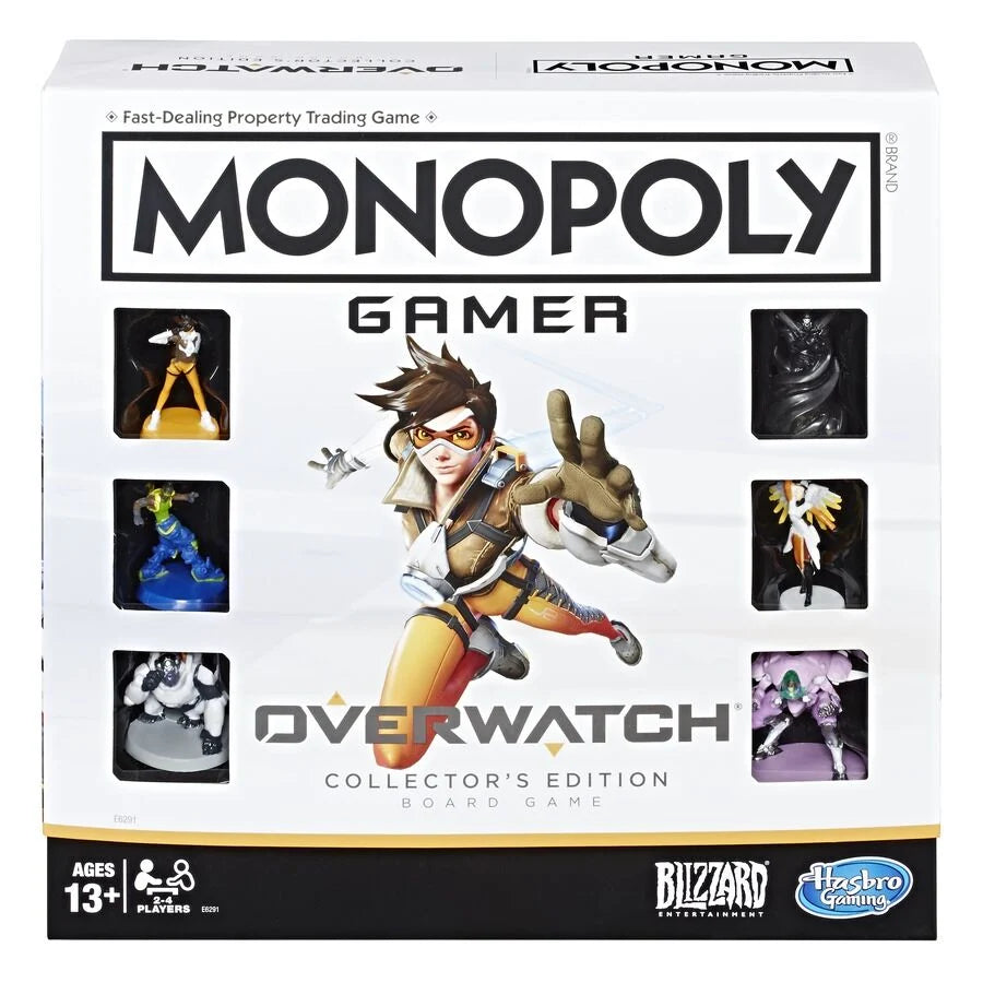 Jeu de société Monopoly Overwatch Edition Collector de Hasbro, boîte avec pièces et plateau de jeu colorés.