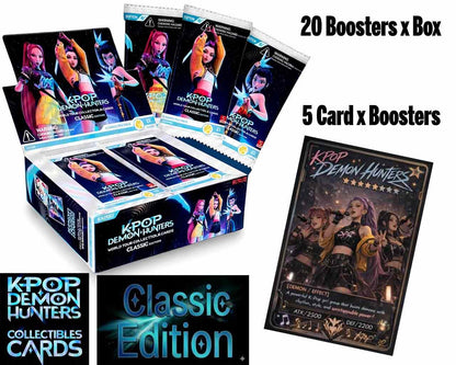 Jeu de cartes Kayou K-Pop Demon Hunters Classic Edition avec 20 boosters, affichage de boîtes pour collection et jeu.