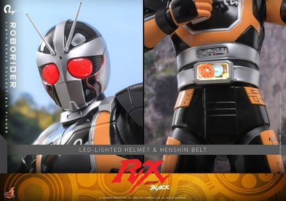 Figurine Kamen Rider Black RX RoboRider de 31 cm de Hot Toys, personnage en costume détaillé, pose dynamique.