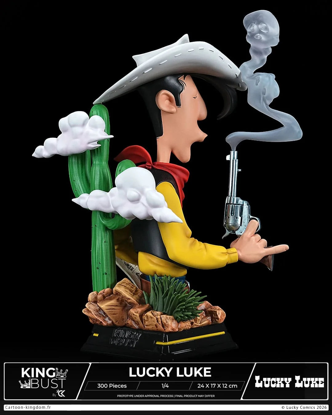 Statue en statuette limitée de Lucky Luke, buste de roi, de la marque Cartoon Kingdom, représentant le personnage avec chapeau et moustache.