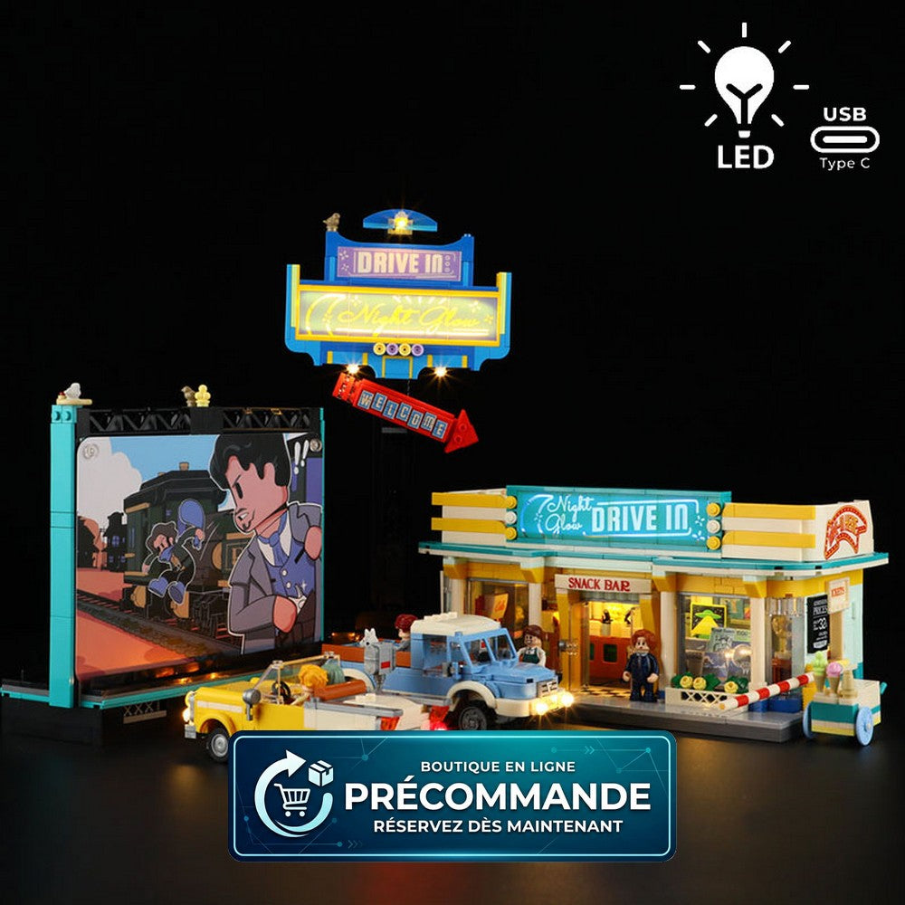 Diorama lumineux à construire Lumibricks Road Trip 18004 Night Glow Drive-In en briques de construction