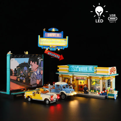Diorama lumineux Night Glow Drive-In Lumibricks Road Trip 18004 en briques de construction