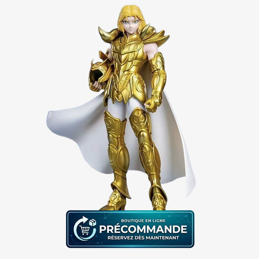 Figurine Mu du Bélier Saint Seiya Zodiakos, personnage de chevalier en garde avec armure dorée et détails artistiques.
