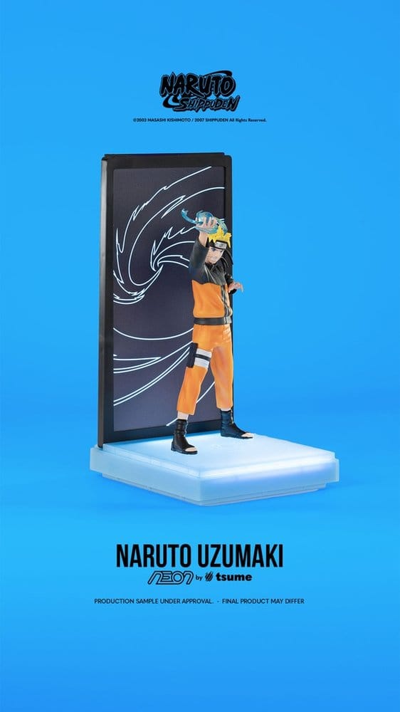 Figurine Naruto Neon Tsume de 25 cm représentant Naruto Uzumaki en position dynamique, avec détails lumineux et colorés.