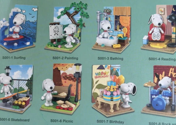 Briques de construction Miniso Peanuts Snoopy, boîte surprise à assembler visible sur l’image