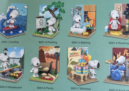 Briques de construction Miniso Peanuts Snoopy, boîte surprise à assembler visible sur l’image