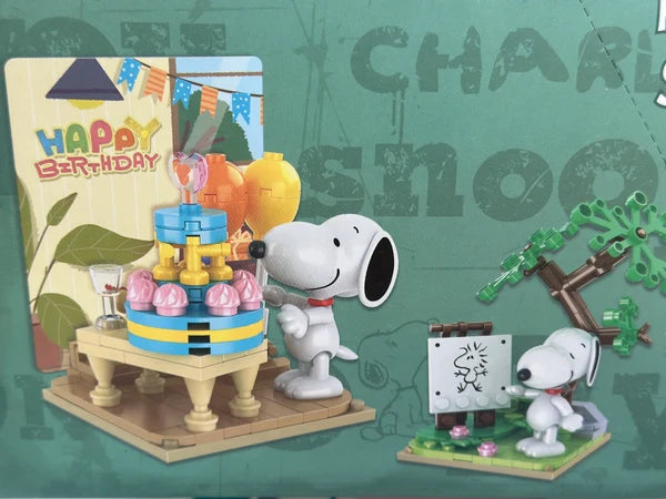 Briques de construction Miniso Peanuts Snoopy en boîte surprise à assembler, emballage abîmé