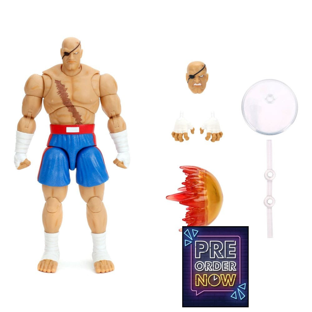 Figurine articulée Sagat de 19 cm de Ultra Street Fighter II: The Final Challengers, marque Jada, vue de face avec détails colorés