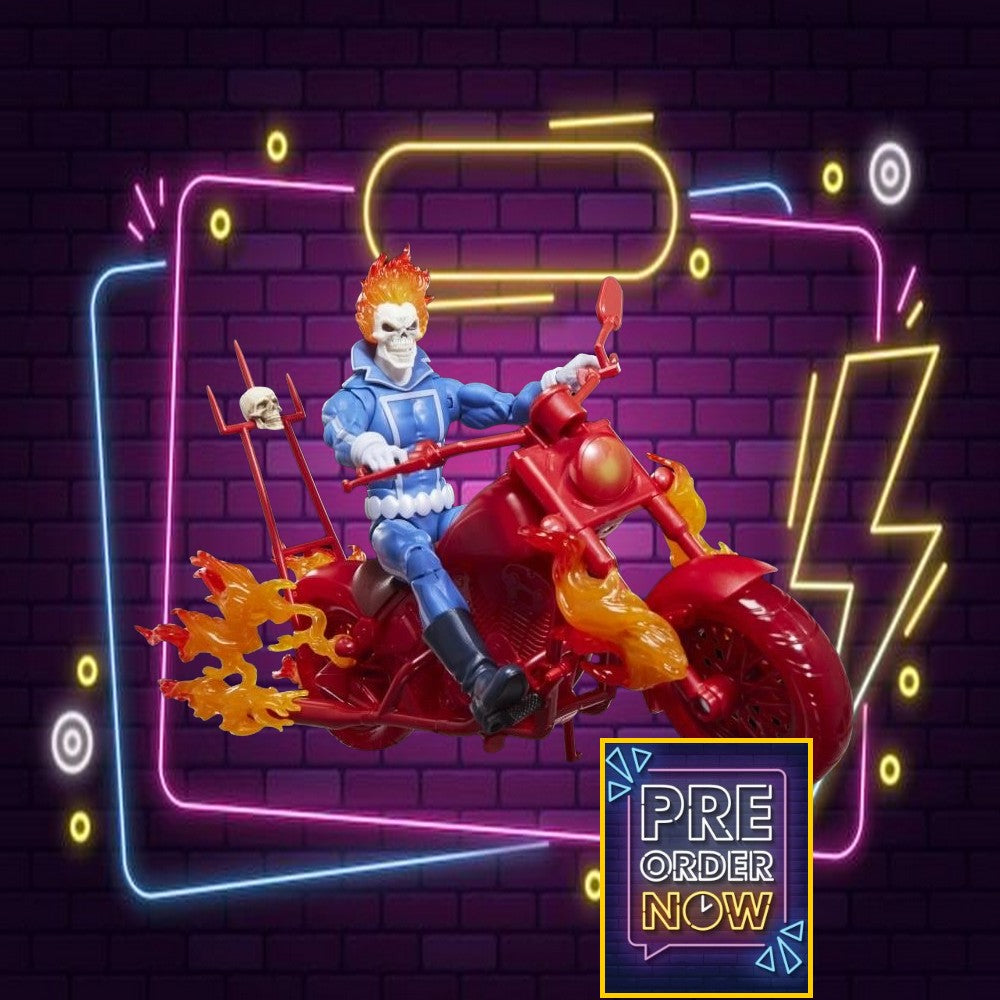 Figurine Ghost Rider de Marvel avec moto, série Legend, 15 cm, marque Hasbro, personnage en détail.
