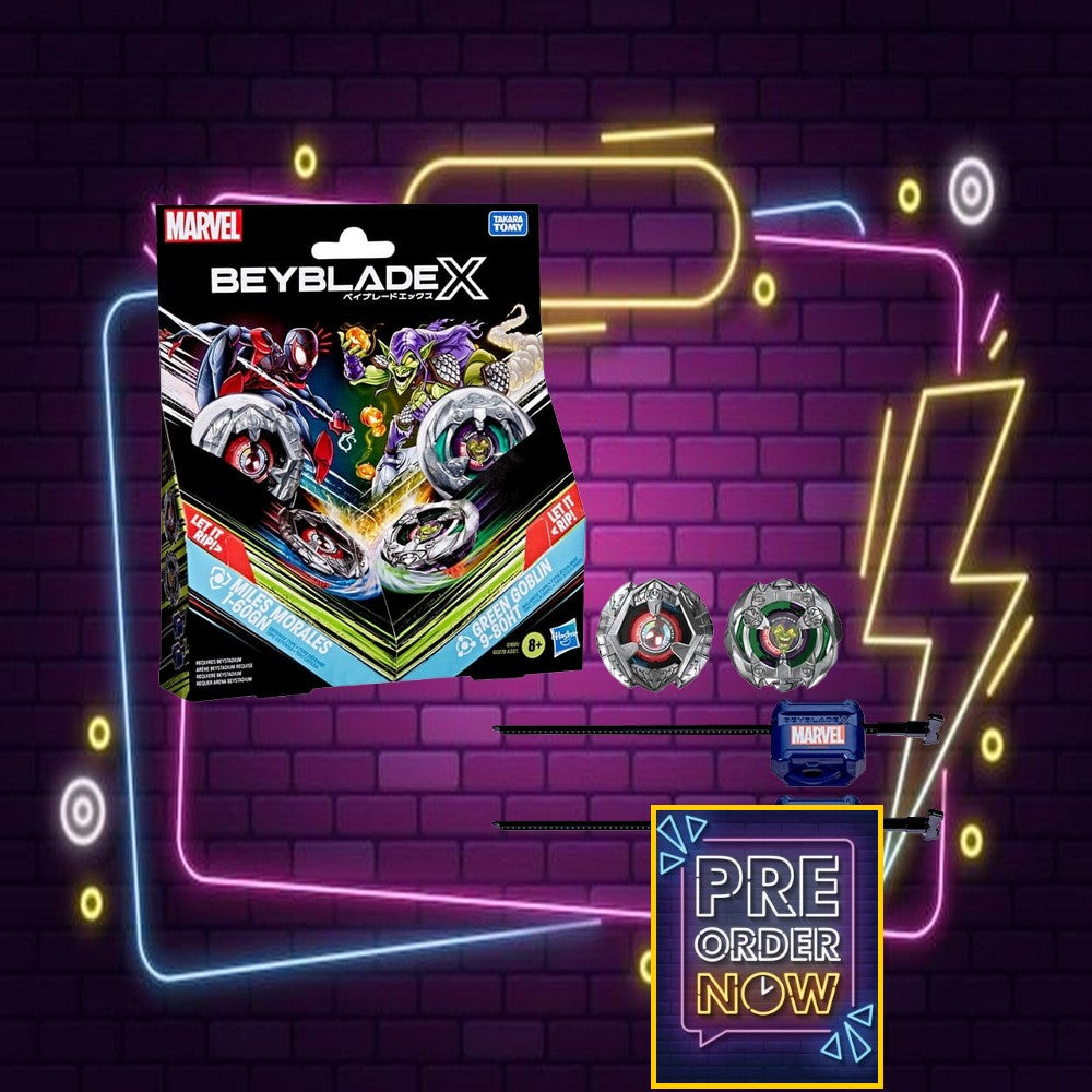 Collaboration Beyblade X et Marvel Miles Morales 1-60GN contre Green Goblin 9-80HT