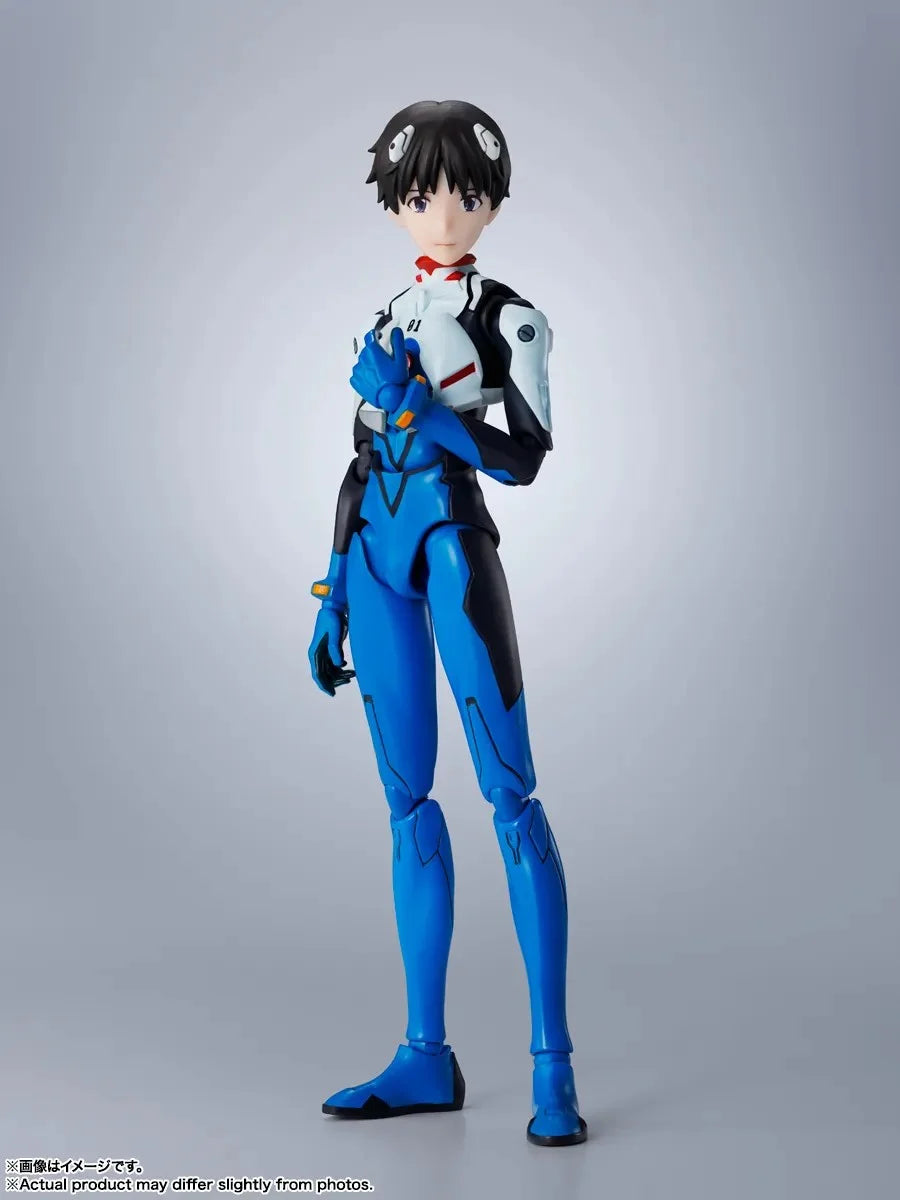 Figurine Shinji Ikari Neon Genesis Evangelion de 14 cm, S.H.Figuarts, de Bandai Tamashii Nation, montrant la pose de la figurine.