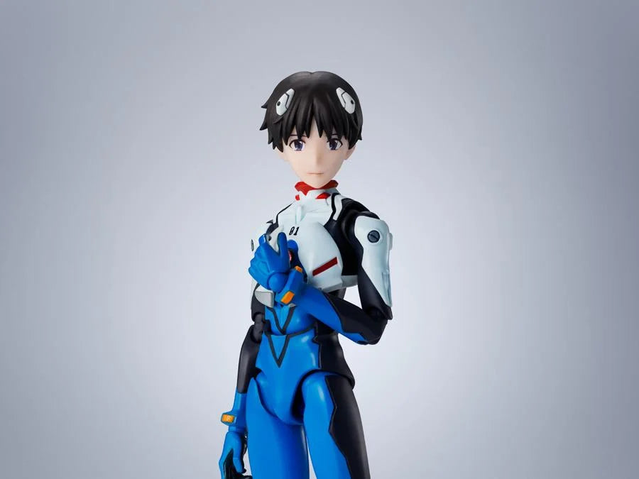 Figure de Shinji Ikari de Neon Genesis Evangelion, figurine S.H.Figuarts de 14 cm de Bandai Tamashii Nation, pose dynamique.
