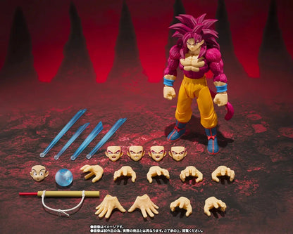 Figurine S.H. Figuarts Goku Super Saiyan 4 de Bandai Tamashii Nation, pose dynamique avec détails colorés de Dragon Ball Daima.