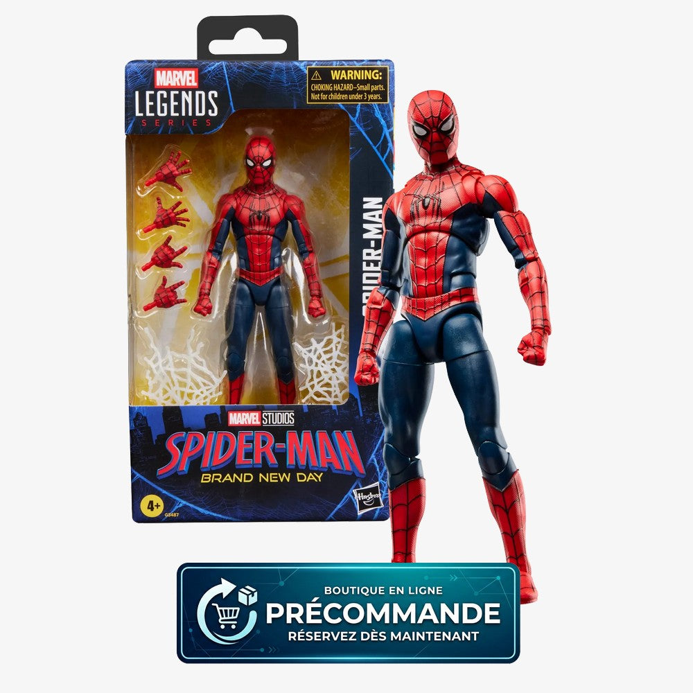 Figurine articulée Spider-Man Marvel Legends Series New Day de 15cm, marque Hasbro, pose dynamique et détails précis.