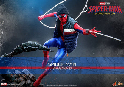 Figurine Spider-Man Deluxe de Marvel, Hot Toys, 29 cm, pose dynamique, détails réalistes, version de nouvelle journée.