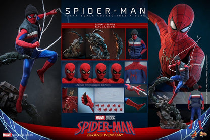 Figurine Spider-Man Marvel Deluxe 1/6 de Hot Toys, 29 cm, pose dynamique, détails réalistes, figurine de collection Spider-Man.