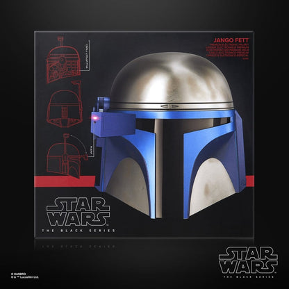 Casque électronique Jango Fett de la série Black Series de Star Wars Episode II, cosplay, fabriqué par Hasbro, vue de face.