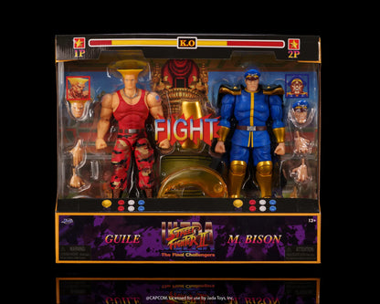 Figurine Jada Street Fighter II Guile contre Bison, édition limitée, figurines détaillées de combat dans une scène dynamique.