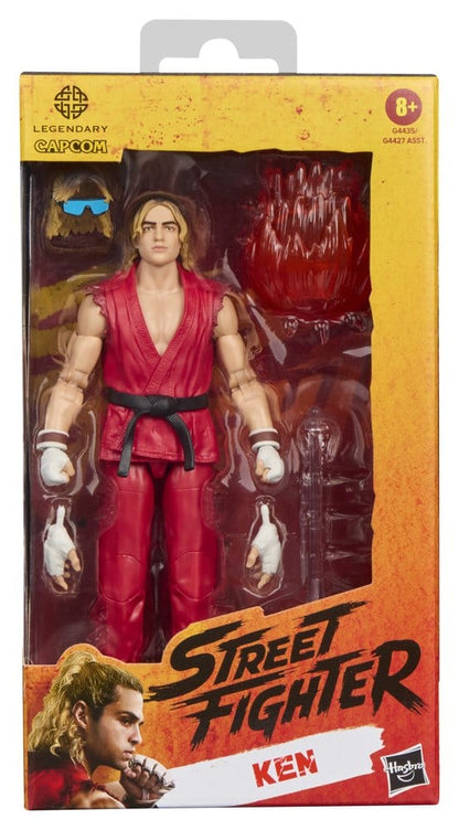 Figurine Ken de 15 cm de Street Fighter, marque Hasbro, montrant le personnage avec costume de combat détaillé.