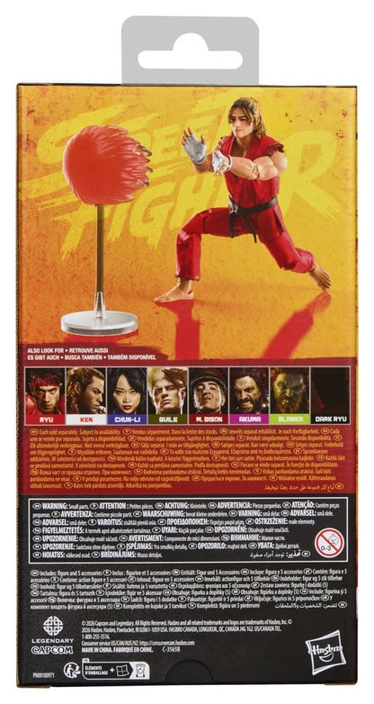 Figurine Ken Street Fighter de 15 cm de la marque Hasbro, détaillée et colorée, représentant le personnage de jeu vidéo.