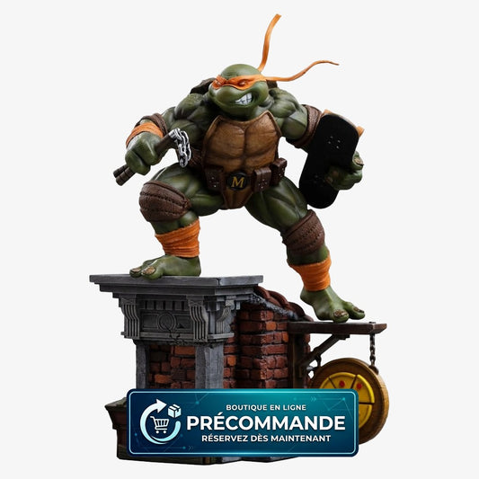 Statuette Michelangelo des Tortues Ninja, figurine BDS Art Scale 1/10 d'Iron Studio, montrant le héros en pose dynamique.