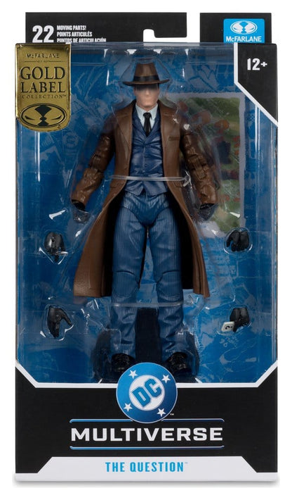 Figurine McFarlane Toys DC Multiverse The Question, personnage en pose avec costume jaune et violet, 19 cm.