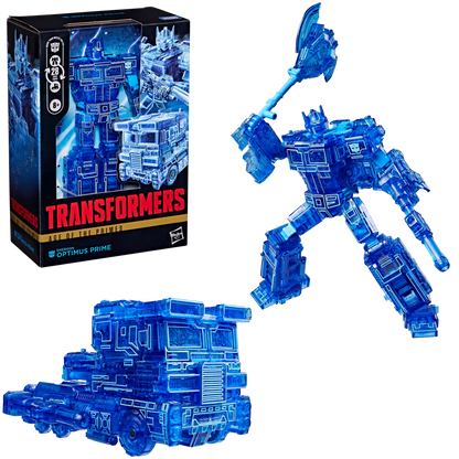 Figurine Transformers Age of the Primes Energon Optimus Prime class voyageur de Hasbro, pose détaillée et articulation visible.