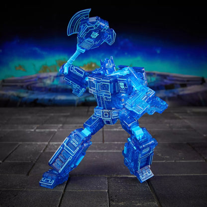 Figurine Transformers Age of the Primes Energon Optimus Prime classe Voyageur de Hasbro, vue de face avec détails colorés.