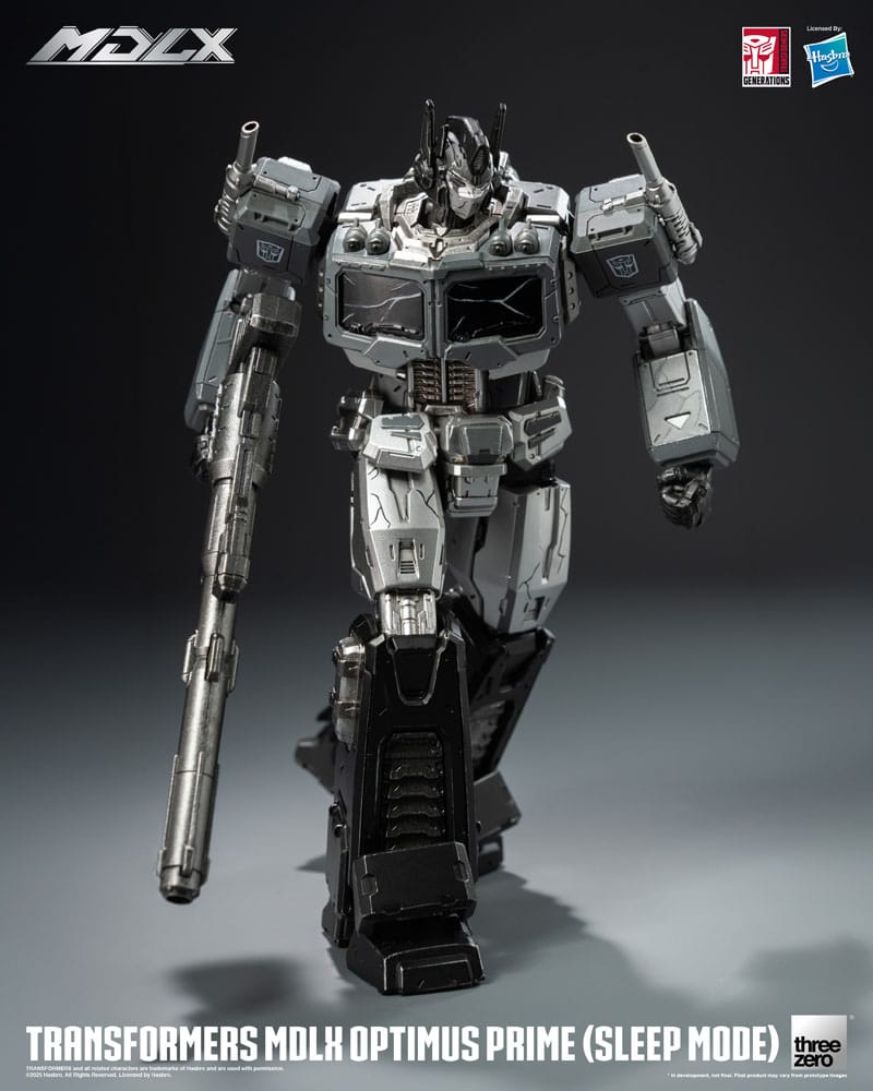 Figurine Transformers MDLX Optimus Prime Sleep Mode de 18 cm, modèle détaillé de Threezero, affichant Optimus Prime en mode veille