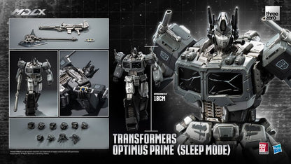 Figurine Transformers MDLX Optimus Prime en mode sommeil de 18 cm, de la marque Threezero, montrant la version détaillée de la figurine.