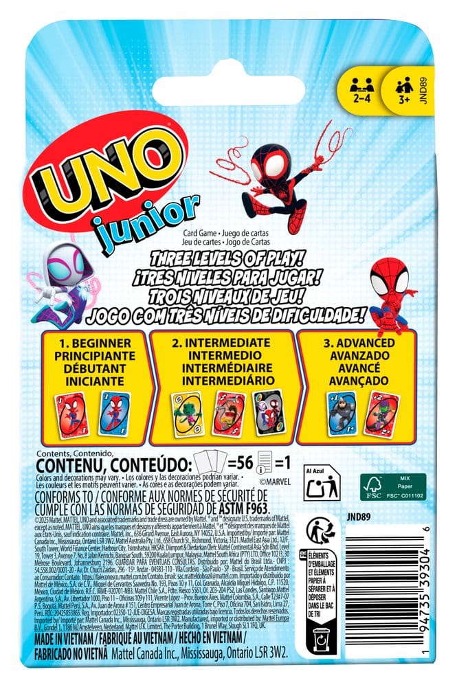 Jeu de cartes UNO Junior Mattel Spidey et ses amis extraordinaires, cartes colorées pour enfants
