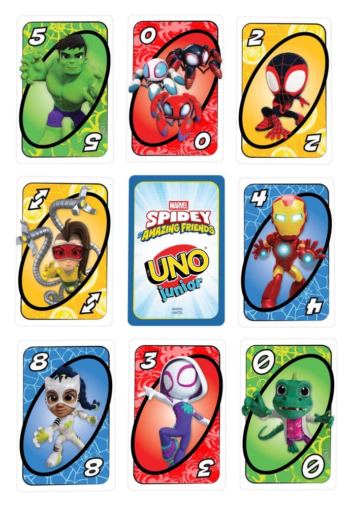 Jeu de cartes UNO Junior Mattel Spidey et ses amis extraordinaires, cartes colorées pour enfants