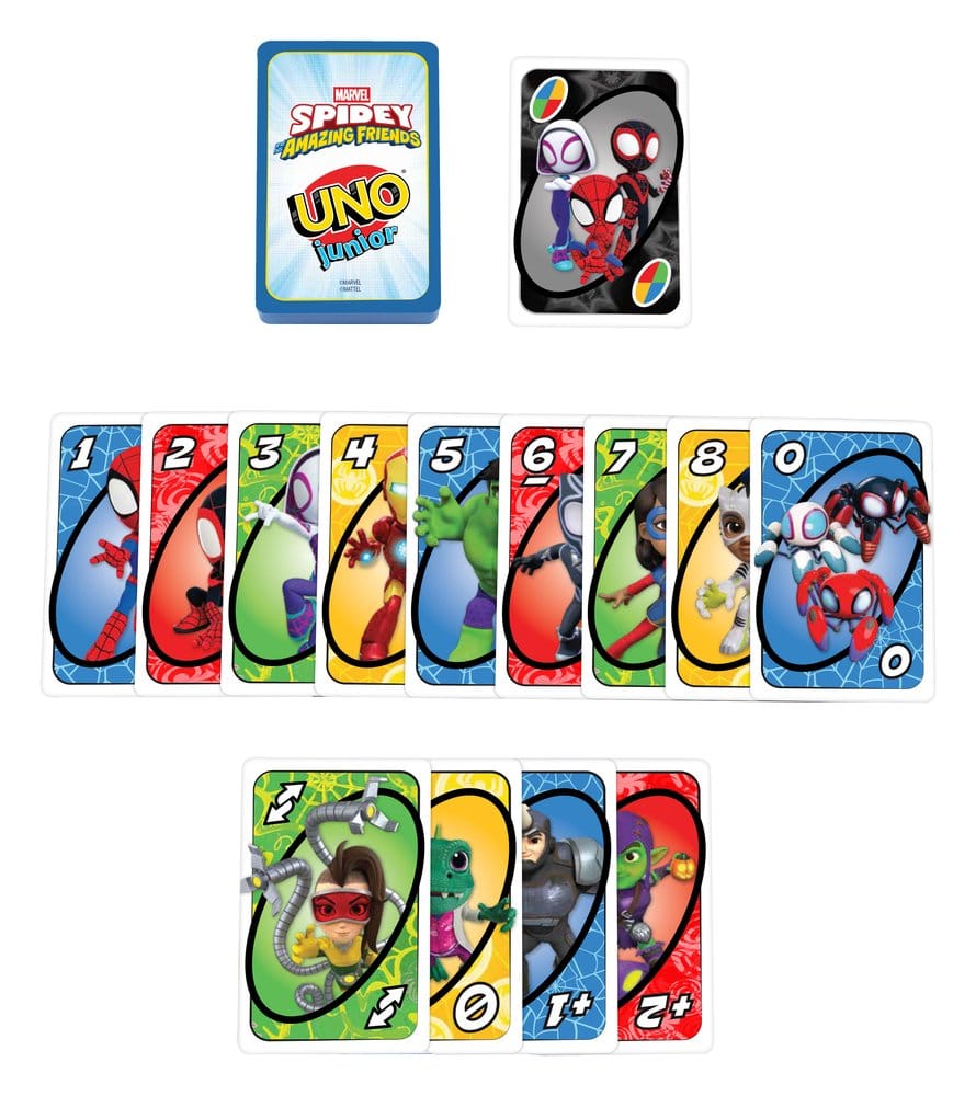 Jeu de cartes UNO Junior Spidey et ses amis extraordinaires de Mattel, boîte colorée avec personnages Marvel