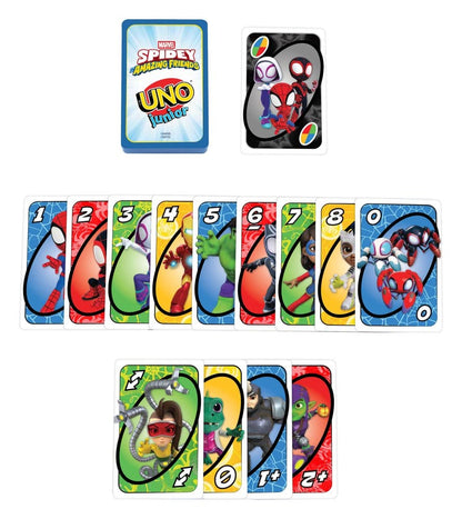 Jeu de cartes UNO Junior Spidey et ses amis extraordinaires de Mattel, boîte colorée avec personnages Marvel