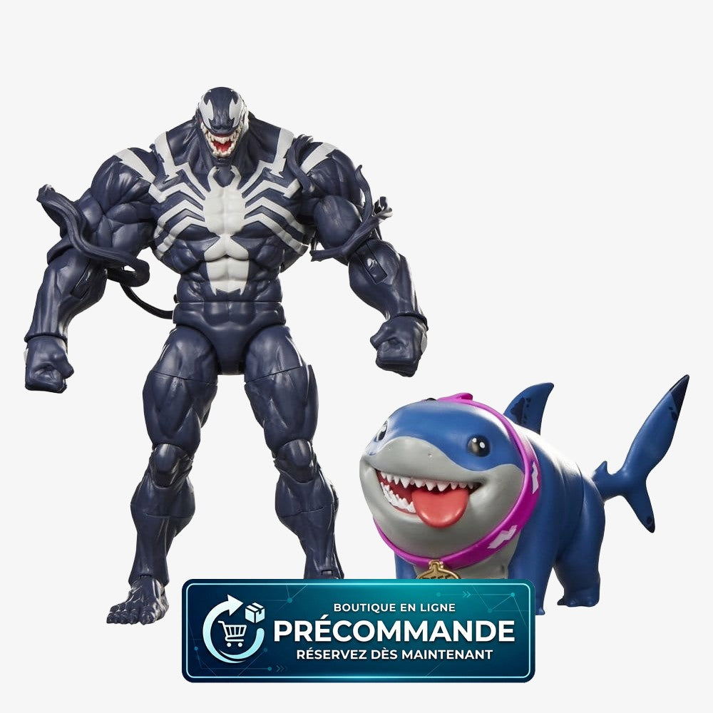 Figurine Marvel Legends Venom et Jeff le Requin de 15 cm, série Marvel Rivals, marque Hasbro, vue de face sur fond blanc