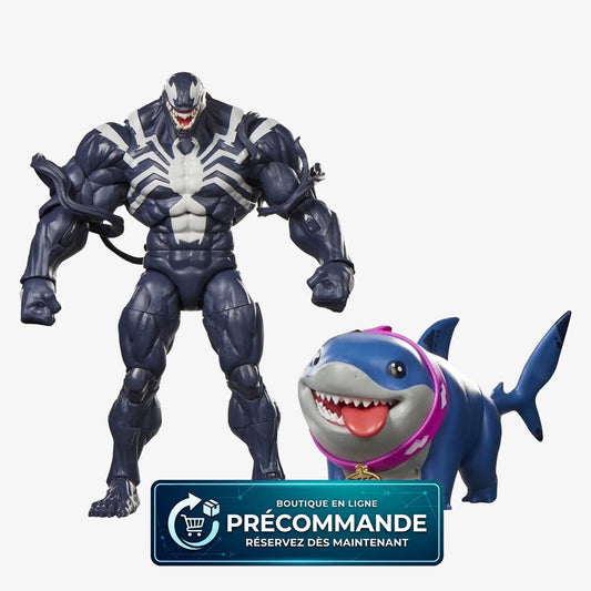 Figurine Marvel Legends Venom et Jeff le Requin de 15 cm, série Marvel Rivals, marque Hasbro, vue de face sur fond blanc