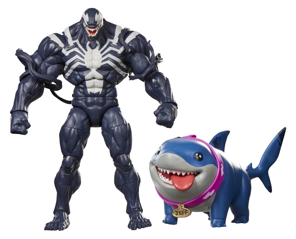 Figurine Marvel Legends Venom et Jeff le Requin de terre, série Marvel Rivals, 15 cm, par Hasbro.