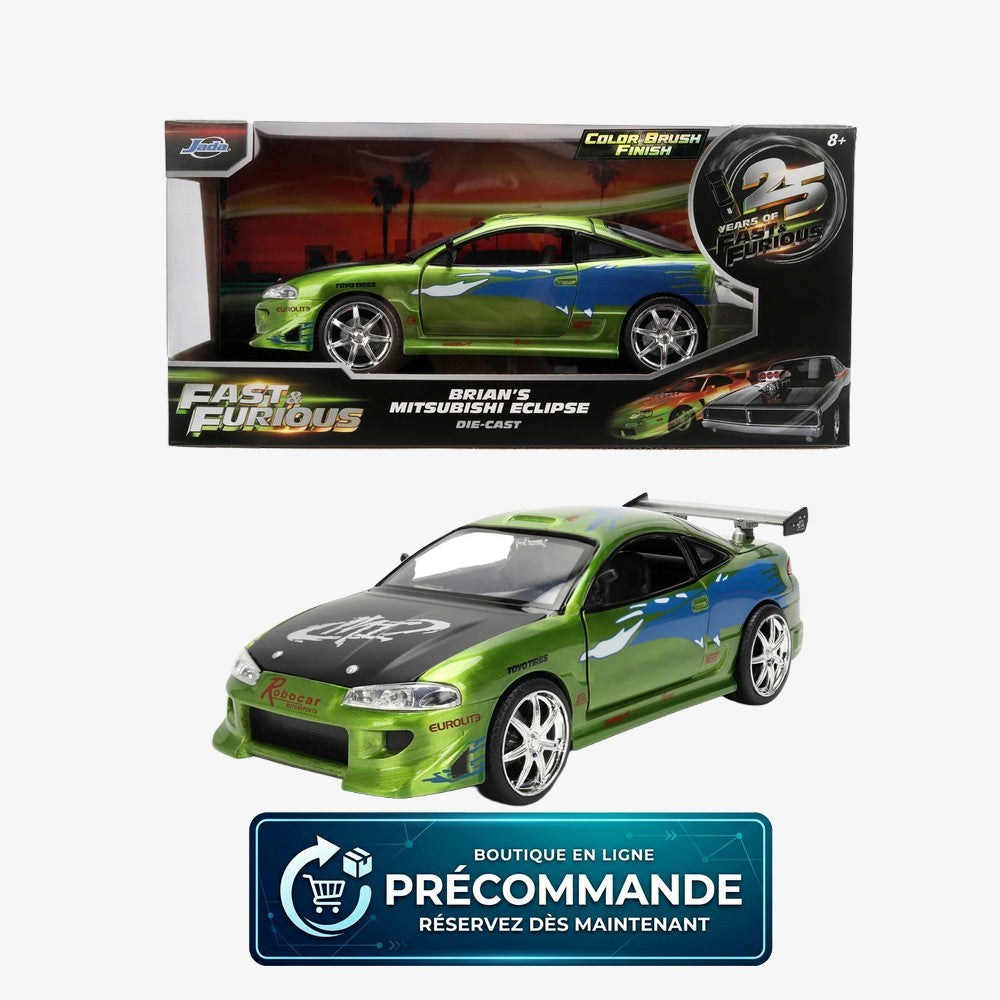 Voiture de collection Mitsubishi Fast & Furious 1:24 de Jada, véhicule de détail avec design précis et couleurs vives.