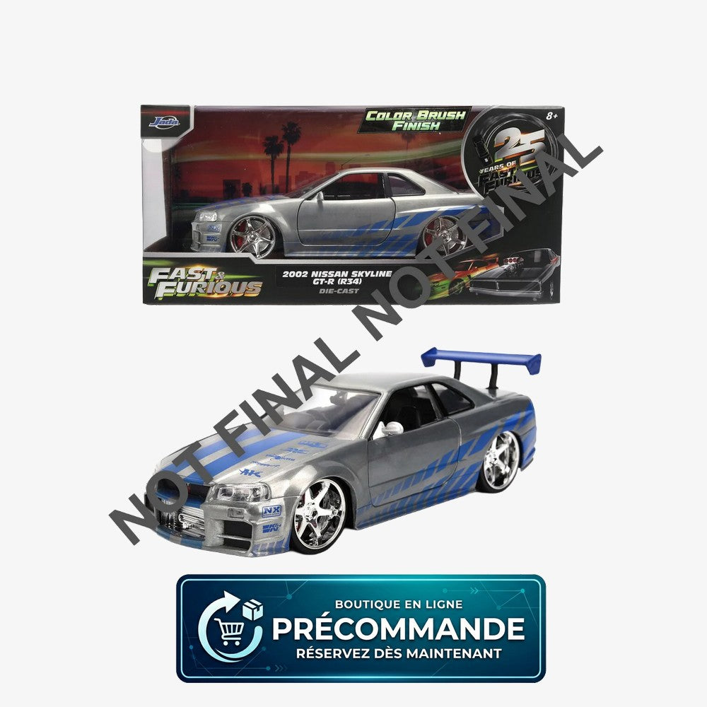 Voiture de collection Nissan Skyline FAST & FURIOUS 1:24 de Jada, modèle détaillé pour collection ou décor.