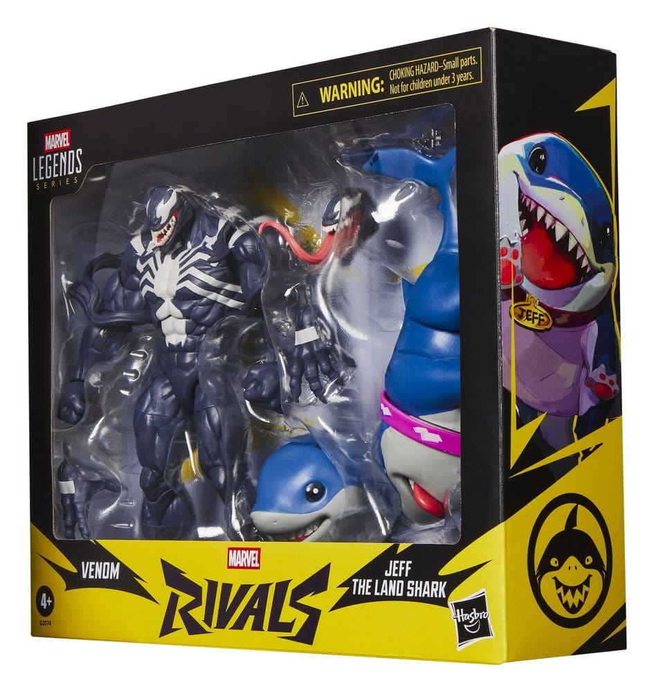 Figurines Marvel Legends Venom et Jeff le requin terrestre, série Marvel Rivals, en figurine de 15 cm de la marque Hasbro.