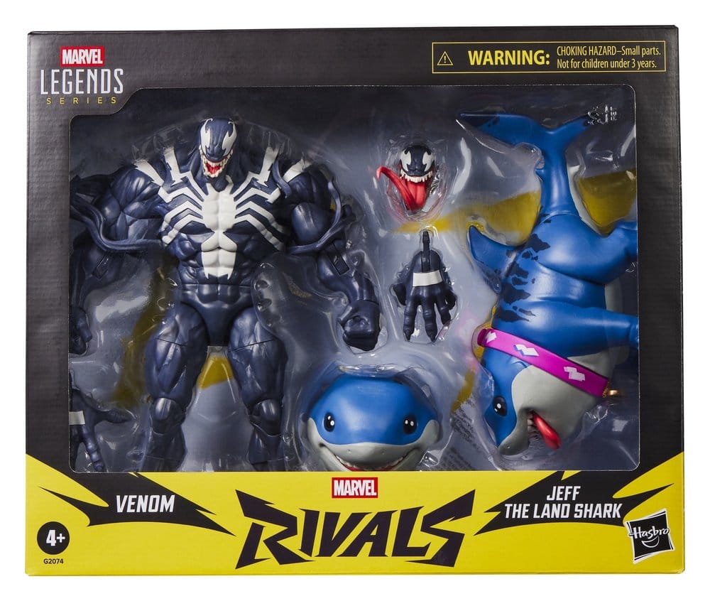 Figurines Marvel Legends Venom et Jeff le Requin de Marvel Rivals, 15 cm, collection Hasbro, détails de personnages.