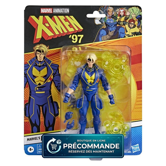 Figurine Marvel’s Havok des X-Men ’97, Marvel Legends par Hasbro, 15 cm, vue de face avec détails de costume et accessoires.