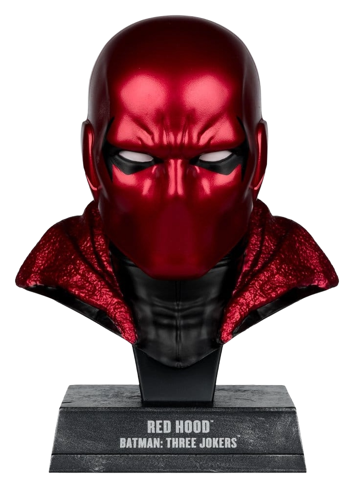 Figurine Batman Red Hood en échelle 1:3 de McFarlane Toys, personnage de DC Comics avec costume rouge et capuche.