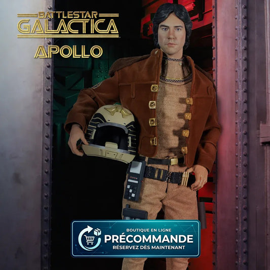 Figurine de Captain Apollo de Battlestar Galactica en échelle 1/6, fabriquée par Factory Entertainment, visible en détail.