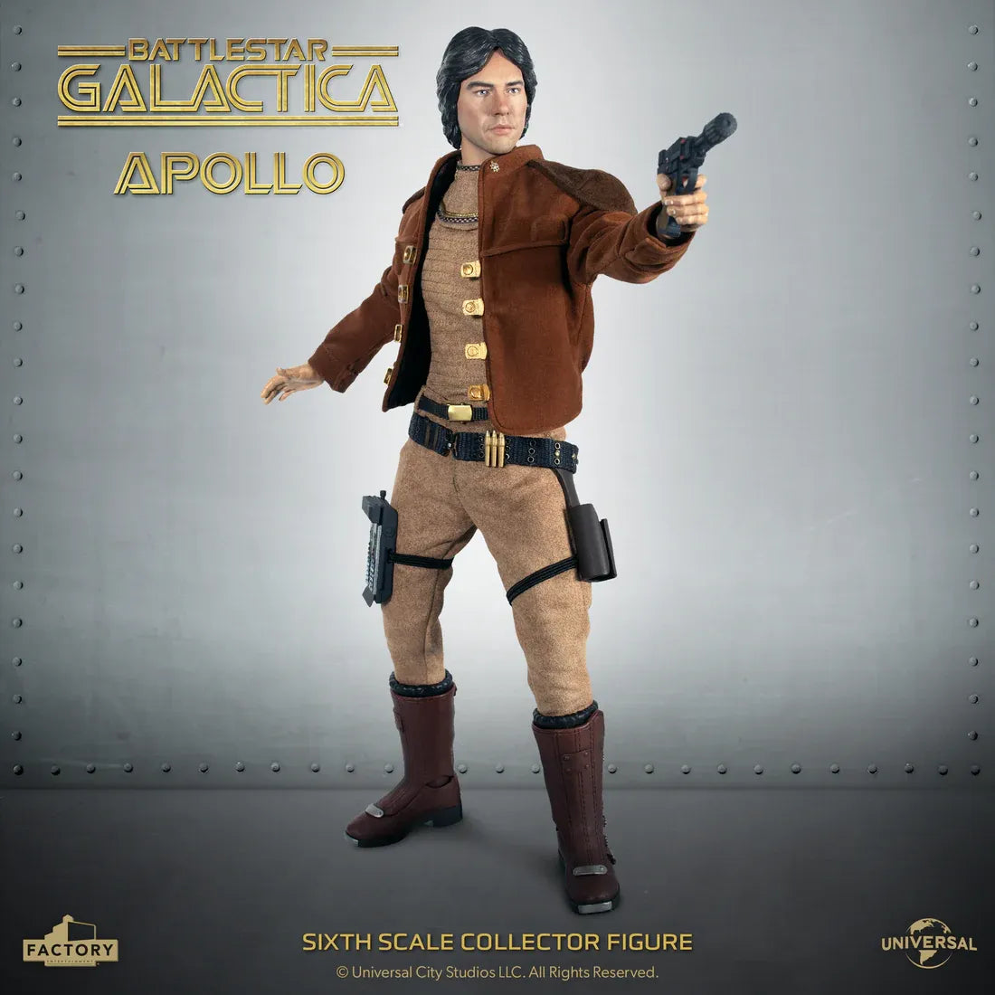 Figurine de Captain Apollo de Battlestar Galactica 1978 en échelle 1/6, fabriquée par Factory Entertainment, vue de face.