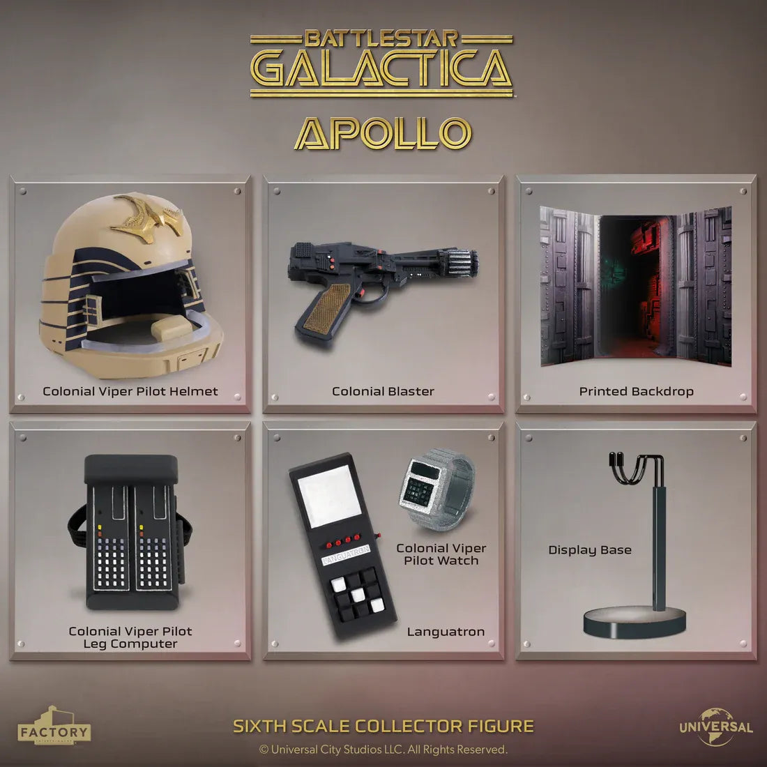 Figurine de Captain Apollo de Battlestar Galactica, échelle 1/6, modèle détaillé de Factory Entertainment, visible en gros plan.