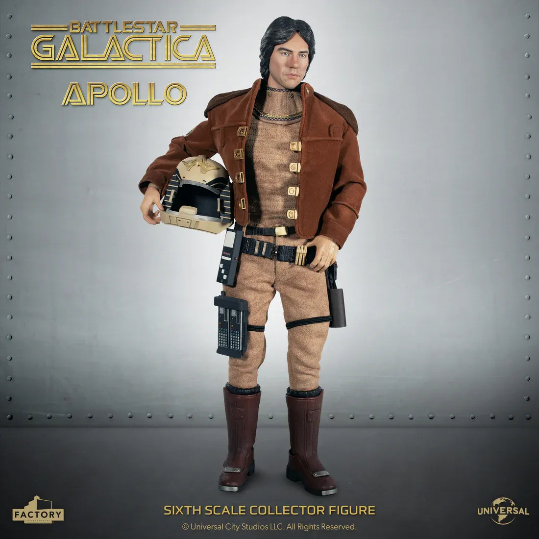 Figurine de Captain Apollo de Battlestar Galactica 1/6, modèle détaillé de Factory Entertainment, vue de face.