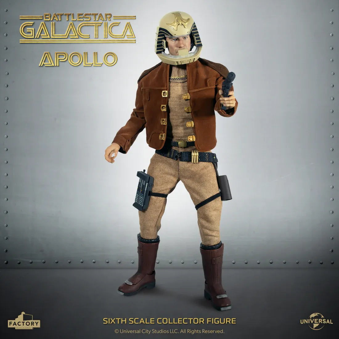 Figurine de Captain Apollo de Battlestar Galactica, modèle 1/6, en détail, fabriquée par Factory Entertainment, vue de face.