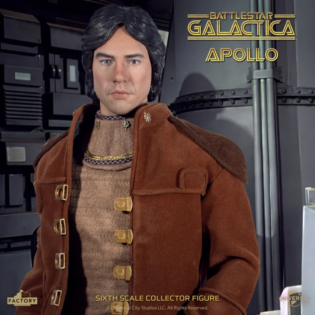 Figurine de Captain Apollo de Battlestar Galactica 1978, échelle 1/6, par Factory Entertainment, détail réaliste et fidèle à la série.