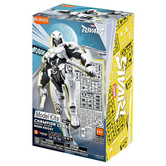 Maquette Moon Knight Marvel Rivals Blokees, modèle de kit de collection avec figurine détaillée, personnage en costume blanc avec arme.